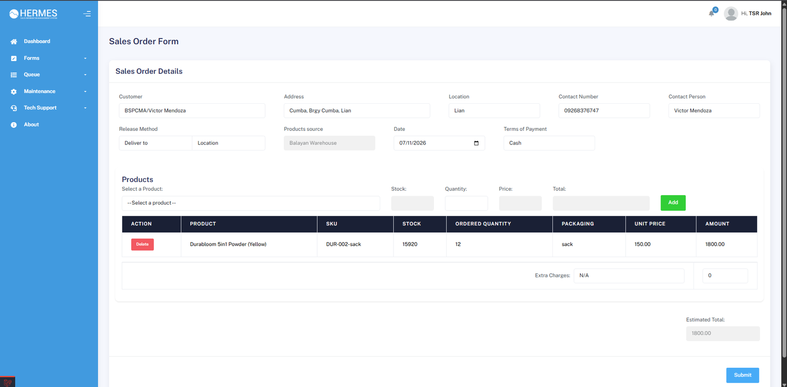 Sales Order Form